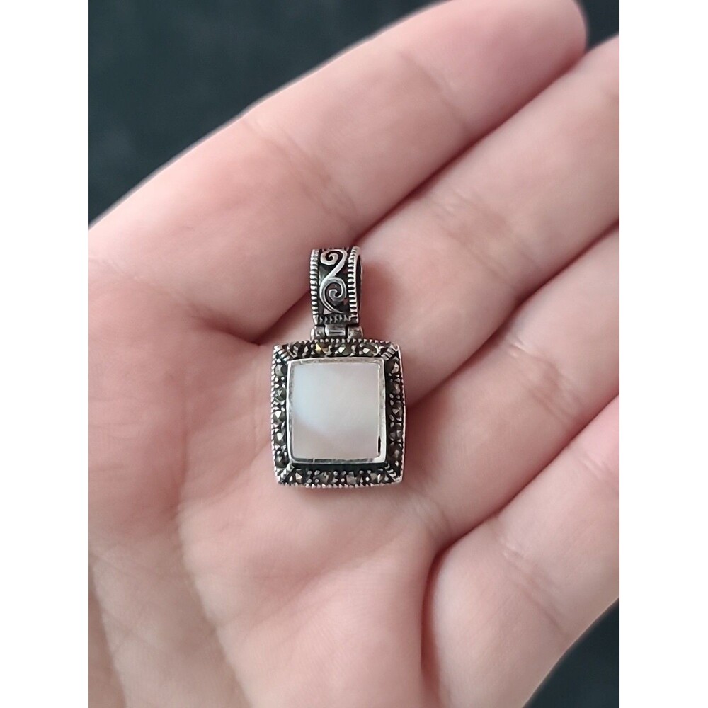 925 Sterling Silver MOP Marcasite Square Pendant Vintage